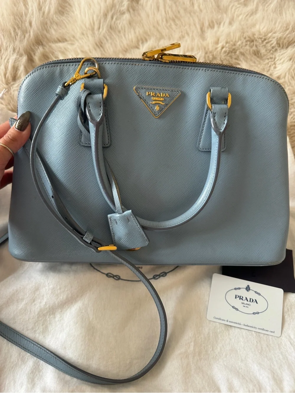 Prada Light Blue Saffiano Leather Satchel with Gold Hardware